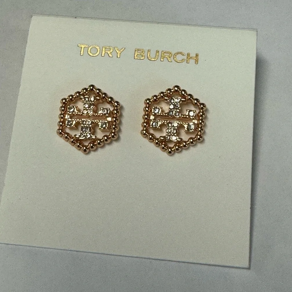 Tory Burch New Milgrain Hex Pavé Rose Gold Stud Earrings
